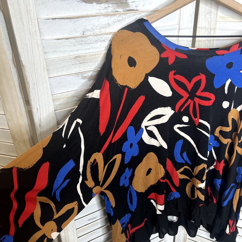 LOGO by LORI GOLDSTEIN Women's Printed Oversized Drop Shoulder Top Black Floral - Picture 6 of 11